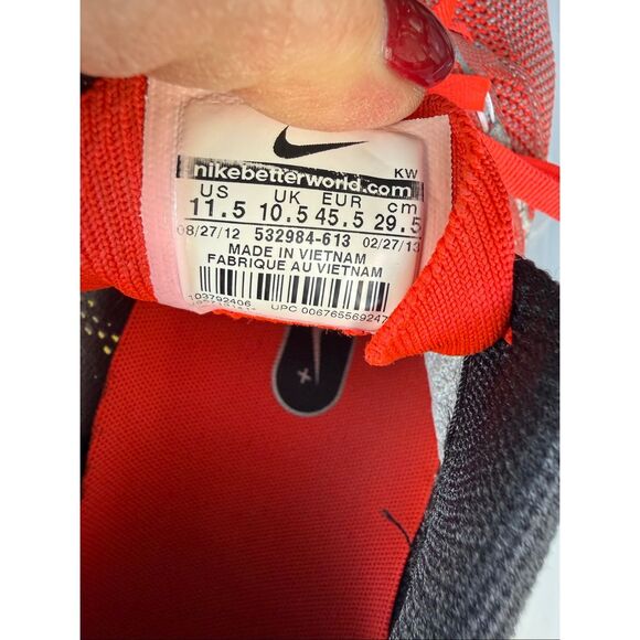 Nike Flyknit Trainer Running Shoes Gray Bright Crimson Mesh Athletic Size 11.5